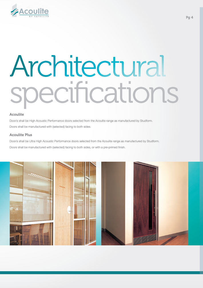 A document page titled 'Architectural specifications' with the AcouLite logo at the top left, text describing door options, and a row of interior door and glass-wall photos along the bottom.