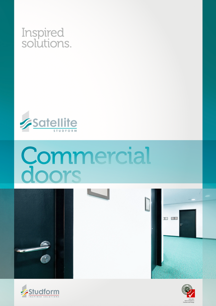 A brochure or catalog cover for Satellite Doors, featuring the text 'Inspired solutions.' and 'Commercial doors' over a white and teal background, with a photo of a modern hallway and door at the bottom.