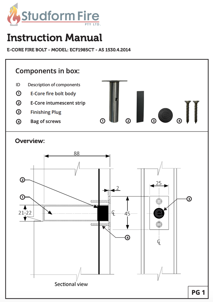 Instruction manual page for the Studform Fire E-Core Fire Bolt, showing a components list with numbered illustrations, an overview section, and a sectional dimension drawing with callouts.