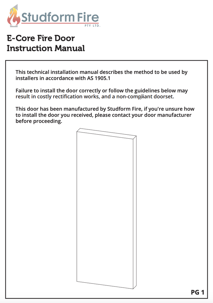 Instruction manual cover page for the E-Core Fire Door, showing a simple side-view diagram of the door with text about installation instructions and Studform Fire branding.