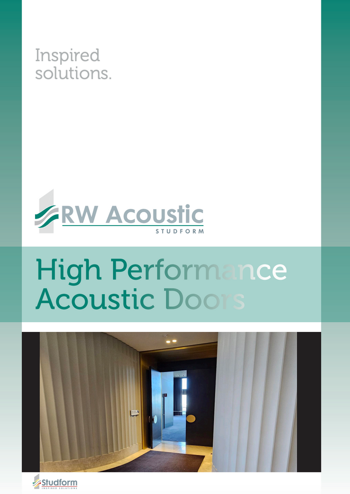 Promotional graphic for RW Acoustic Studio High Performance Acoustic Doors, featuring a white and teal layout with the product name and a photo of an acoustic door installation in a hallway.