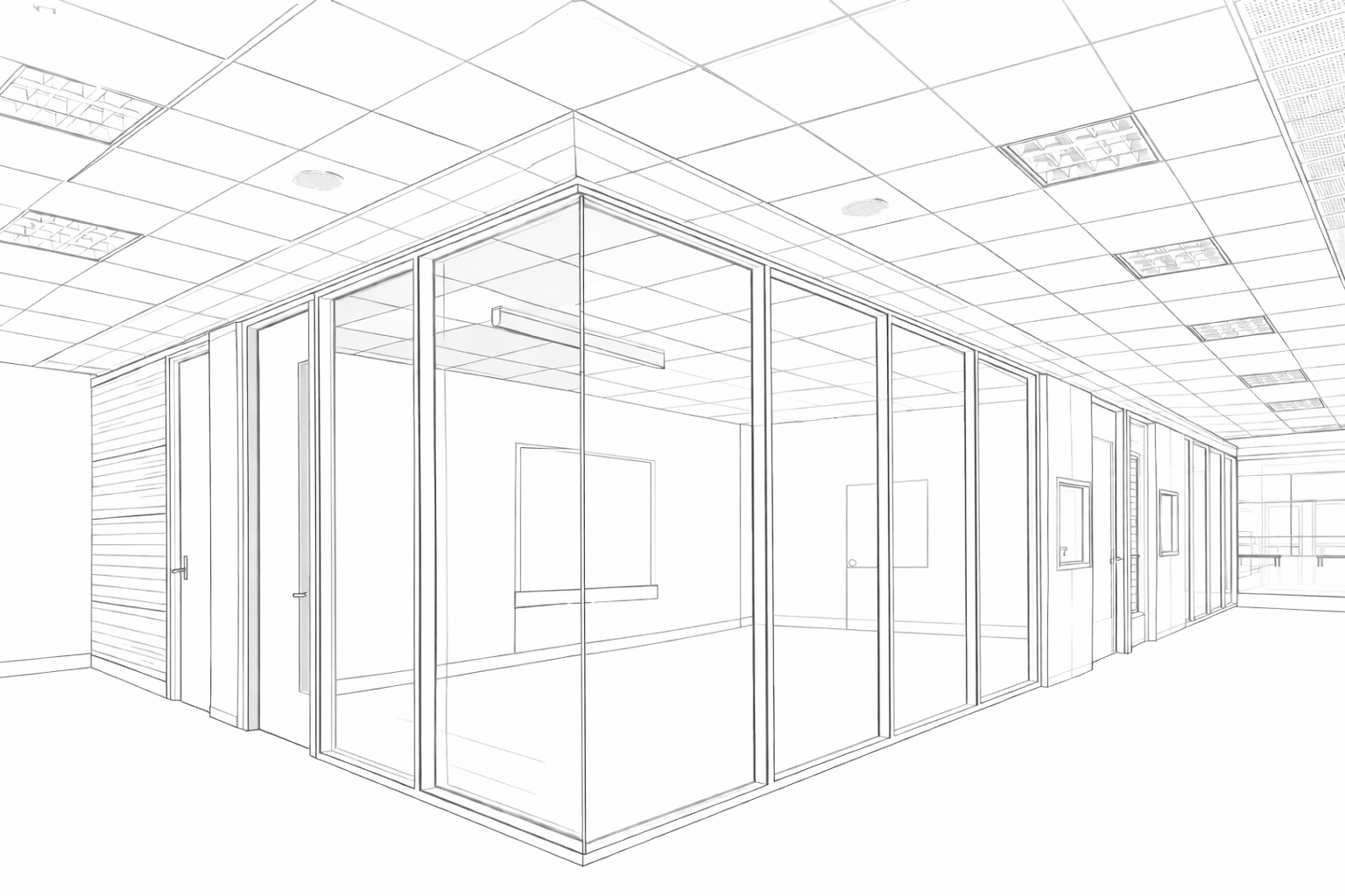 Line drawing of an office building interior with glass walls and ceiling grid.