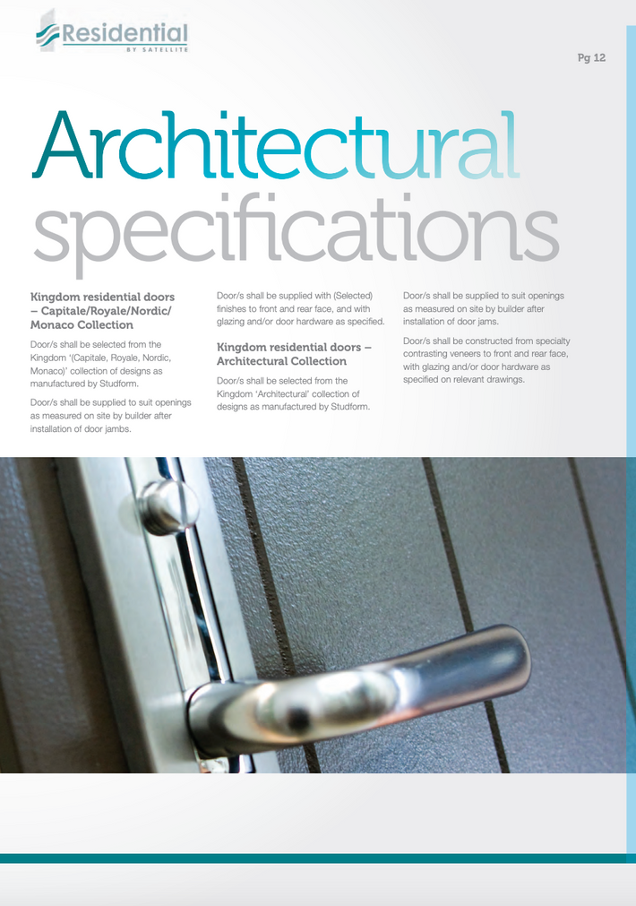 A printed informational page titled 'Architectural specifications' with the Residential Specifications logo at the top, containing text about door specifications and a close-up photo of a metal door handle on a door frame.