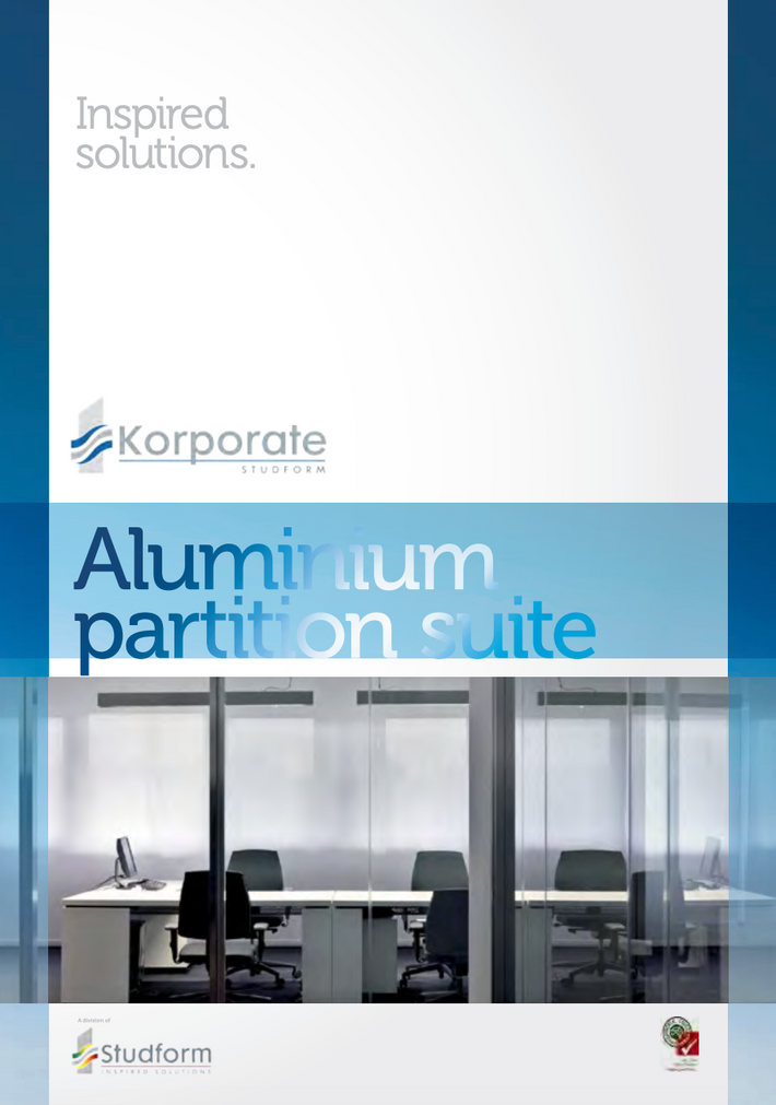A brochure or catalog cover for the 'Aluminum partition suite' by Korporate Solutions and Studform, featuring a white and blue design with a photo of a modern office interior.