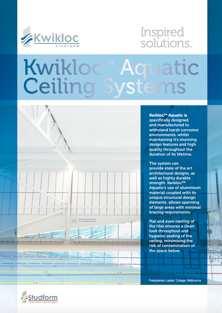 A promotional brochure page for Kwikloc Aquatic Ceiling Systems, featuring the Kwikloc logo, descriptive text, and a background photo of a modern aquarium or aquatic center interior.