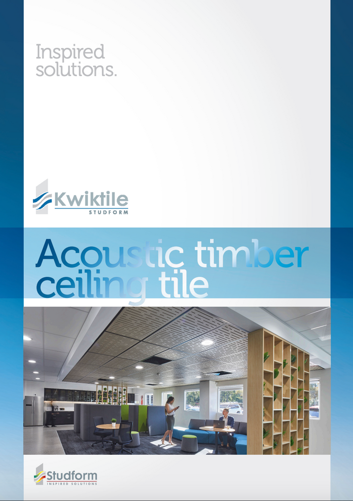 A promotional graphic for Kwiktile Studio acoustic timber ceiling tile, featuring a large white upper section with the Kwiktile Studio logo and the text 'Acoustic timber ceiling tile' on a blue band, and a photo of a modern office interior below showing the installed ceiling tile.