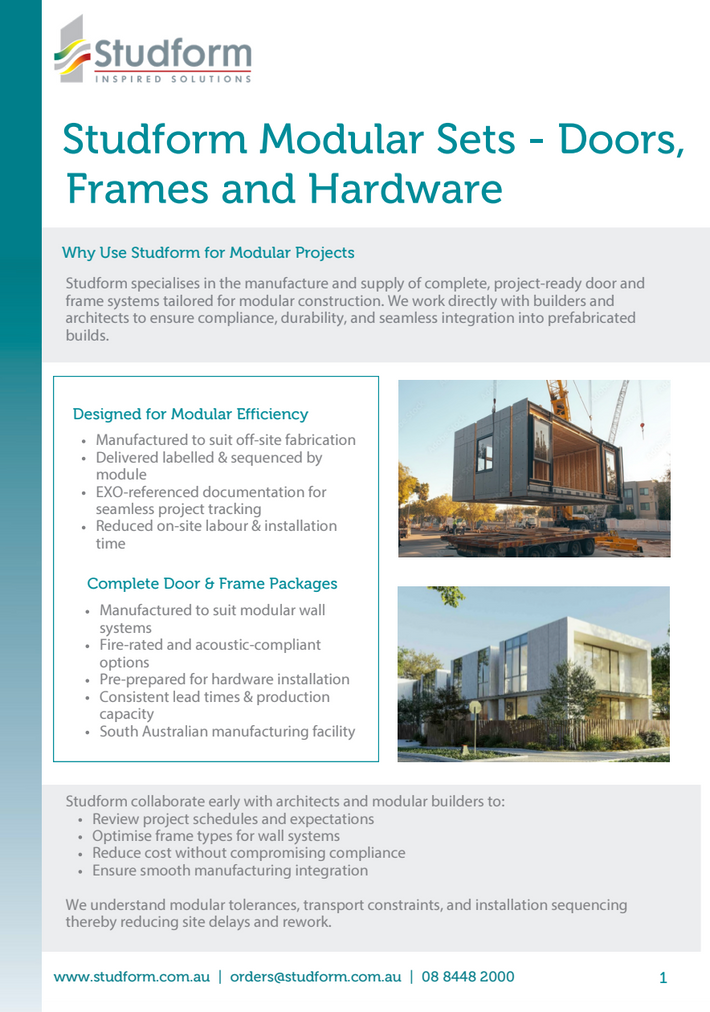 A promotional brochure page for Studform Modular Sets - Doors, Frames and Hardware, featuring company information, bullet points about benefits, and two photos of modular wall systems under a teal header.