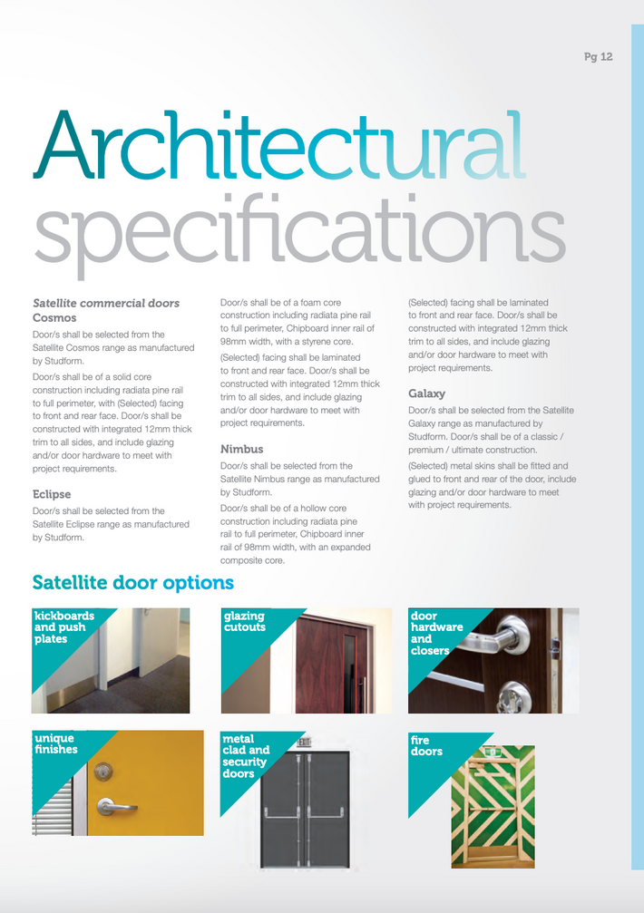 A printed specification sheet titled 'Architectural specifications' with columns of text and small inset photos showing satellite door options such as knob and lock hardware, glazing options, and fire doors.