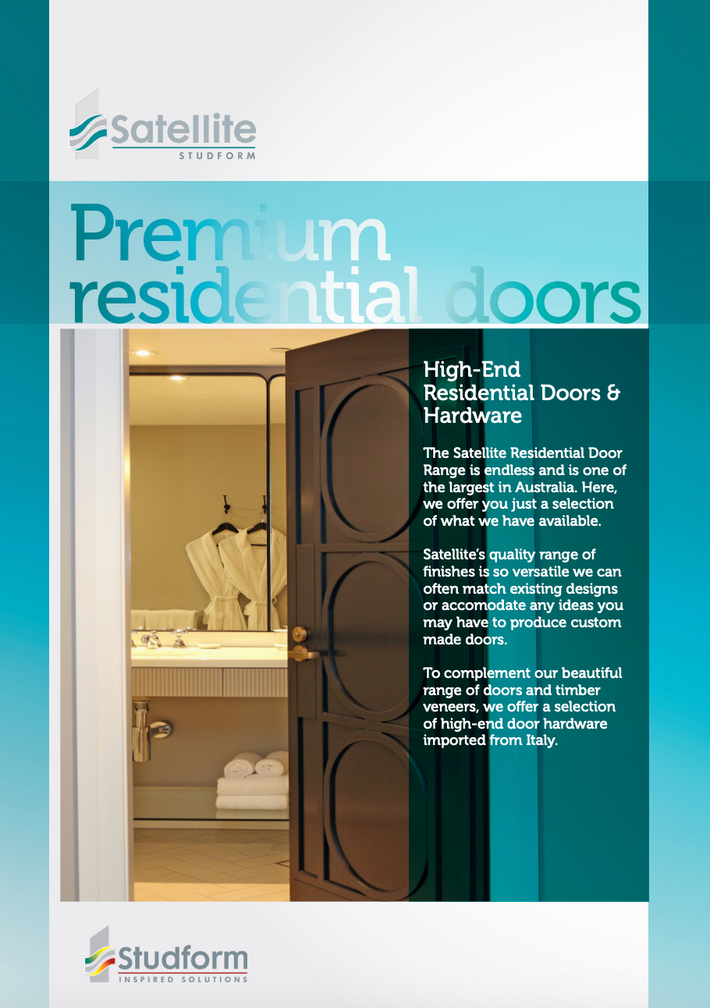A promotional brochure page for Satellite Studform Premium Residential Doors, featuring a photo of an open dark brown wooden door next to a bathroom, with text detailing the high-end door range.