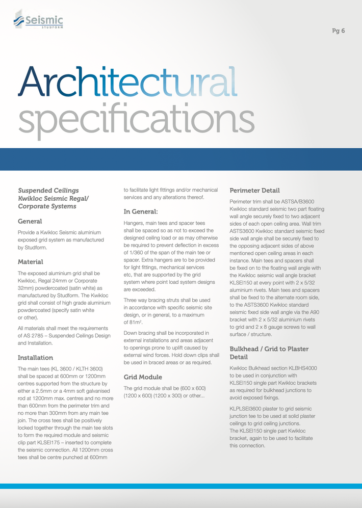 Kwikloc Seismic Ceilings Architectural Specifications