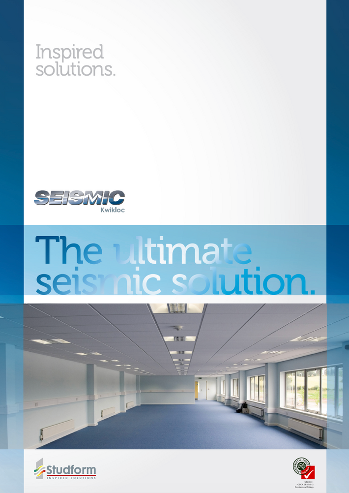 Promotional graphic for seismic public office furniture, featuring the text 'Inspired solutions.' and 'The ultimate seismic solution.