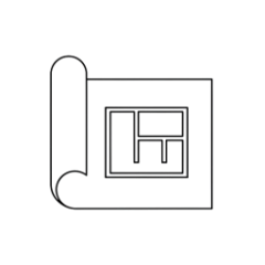 Line drawing of a scroll with a square containing a rectangle inside on a white background