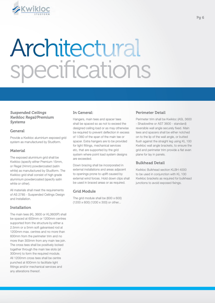 A technical specification sheet titled 'Architectural specifications' from Kwikloc, detailing requirements for suspended ceilings, general considerations, perimeter detail, and bulkhead detail.