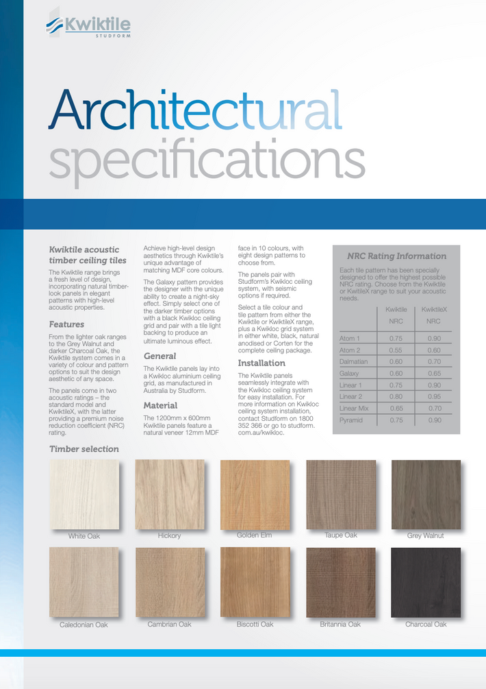 A printed specification sheet for Kwiklite Architectural Timber Ceiling Tiles, featuring product descriptions, installation details, an NC Rating Information table, and multiple wood finish swatches.