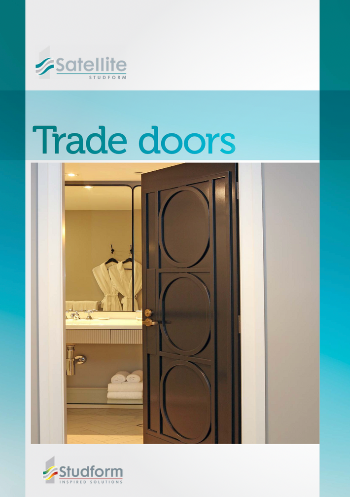 Promotional graphic for 'Trade doors' by Satellite Studform, featuring a dark brown decorative interior door with circular recessed panels shown slightly open in a doorway.